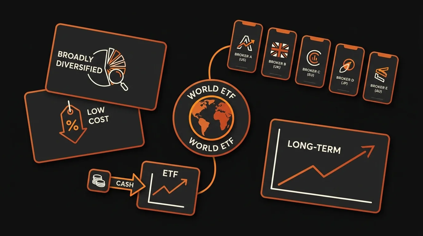 Passive index investing: a world ETF at the center, cash flowing into ETFs, several broker apps across countries, and a long-term upward chart